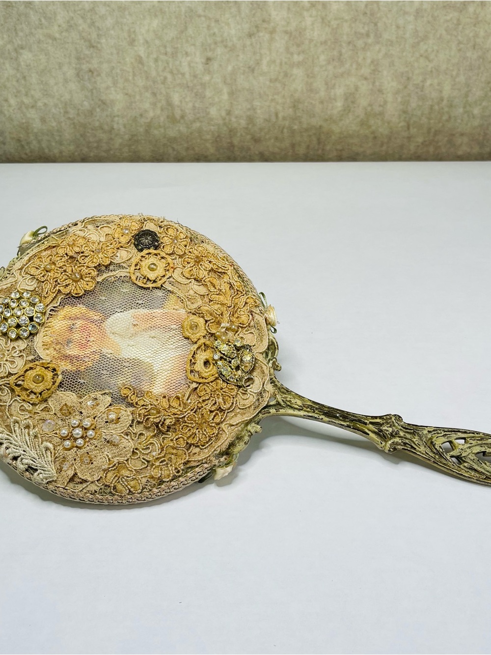 VTG Vanity Victorian Hand Mirror with Lace Embroidery Rhinestones Faux Pearls